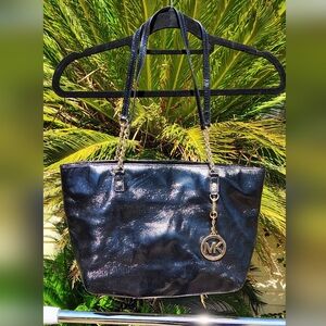 Michael Kors Black Patent Leather Structured Tote with Gold Accents